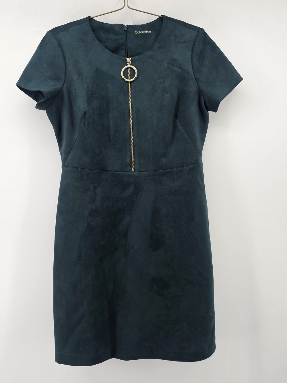 Calvin Klein Dark Green Faux Suede Short Sleeve Sheath Dress O-Ring Zip Size 12